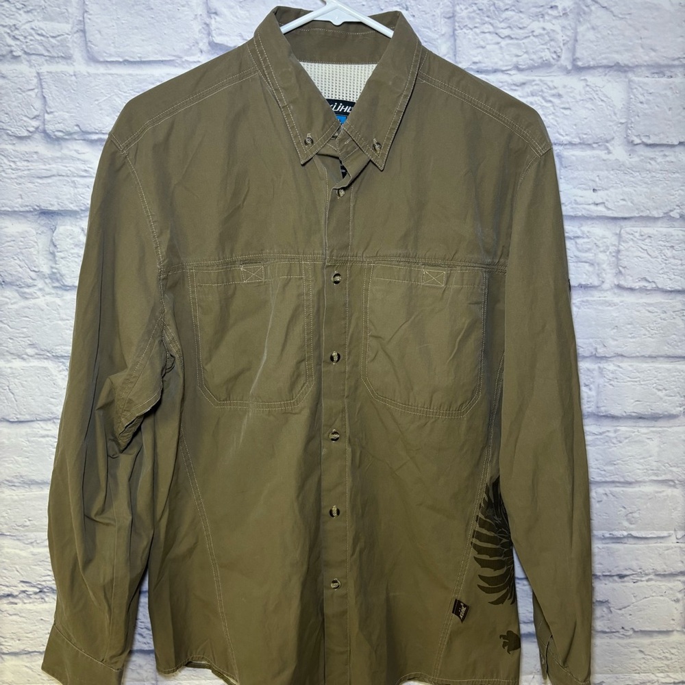 Kuhl Shirt Mens M Green Performance Nylon Button Down Vented Fishing Pockets